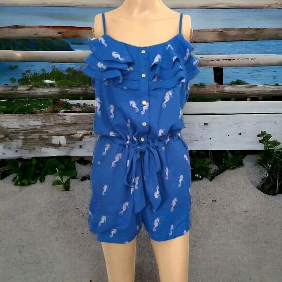 Seahorse Print Romper L Blue One Piece Ruffles Flowy Drawstring Tied Waist - Picture 16 of 16